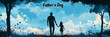 Silhouette of a father holding hands with child on a walk, perfect for Father's Day themes. Postcard for the day of the father.