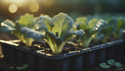 Wall Mural - vegetable garden for healthy chinese kale in seedling tray after watering