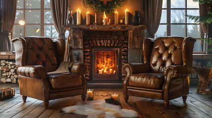 Poster - a cozy living room with two brown leather armchairs facing a lit fireplace. The room exudes warmth and invites relaxation