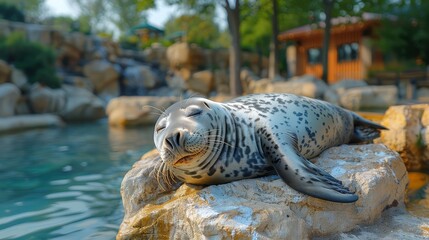 Poster -   A grey seal rests atop a rock, overlooking a body of water with a waterfall in the background