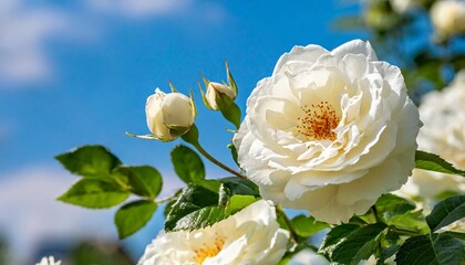 Wall Mural - white bush roses on a background of blue sky in the sunlight beautiful spring or summer floral background selective focus banner