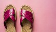trendy fashion footwear mockup leather pink magenta sandals birkenstocks on pink background top view flat lay unisex summer shoes genuine leather flip flops with cork soles