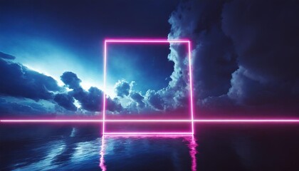 Wall Mural - 3d render abstract minimal background pink blue neon light square frame with copy space illuminated stormy clouds