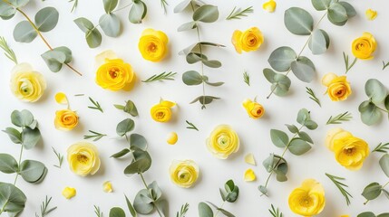 Wall Mural - Flowers composition. Pattern made of yellow flowers and eucalyptus leaves on white background. Flat lay, top view, copy space