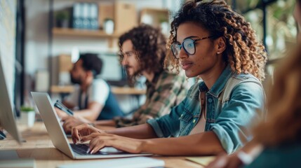 Focused group of diverse young designers working on a laptop together at a desk in their startup office