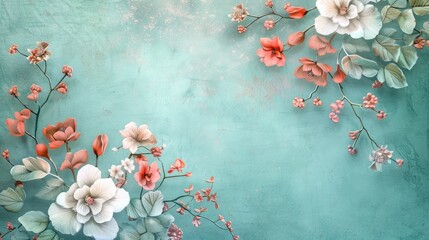 Wall Mural - Lovely flowers on turquoise shabby chic background. Festive greeting card