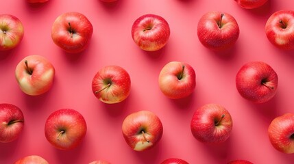 Wall Mural - Many red apples on colored background, top view. Autumn pattern with fresh apple above view with copy space for design or text.