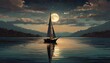 anime style sailboat landscape lake ocean sailing panoramic wide moonlight moon boat generated ai