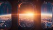 futuristic spacecraft window view of earths sunrise horizon exploration space travel new beginnings concept