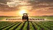 irrigation tractor driving spraying or harvesting agricultural crop at sunset