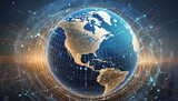 Fototapeta Zwierzęta - Digital world globe centered on North America, concept of North America global network and connectivity, data transfer and cyber technology, information exchange and telecommunication