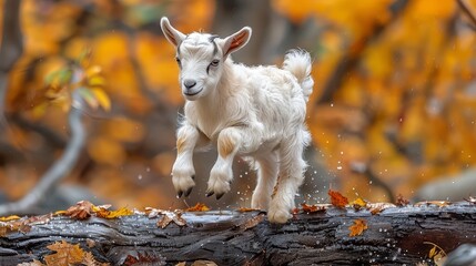 Wall Mural -   A goat atop a tree branch, white against autumnal hues, surrounds a forest of yellow and orange leaves