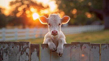 Poster -   A baby cow gazes over a wooden fence as the sun rises, its golden light cresting above