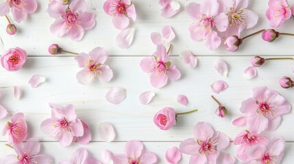 Poster - Spring flowers. Pink flowers on white wooden background. Flat lay, top view, copy space