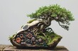 Cyberpunk bonsai cybertree intertwined with semiconductors, servomechanisms, and futuristic elements in a pot