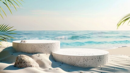 Wall Mural - Summer sand and tropical sea background with abstract stone podium