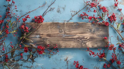 Wooden board on blue background with red flowers. Copy space. Clean background