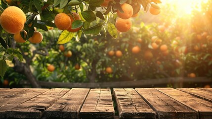 Wall Mural - wooden table place of free space for your decoration and orange trees with fruits in sun light