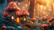 a painting of a mushroom house in the woods with lights