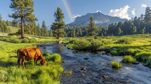   A Brown Cow Stands Atop A Verdant Field Near A Winding River, Framed By A Rainbow In The Backdrop