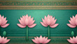 A digital art piece featuring pink lotus flowers against a teal backdrop with Egyptian hieroglyphs, symbolizing rebirth and regeneration