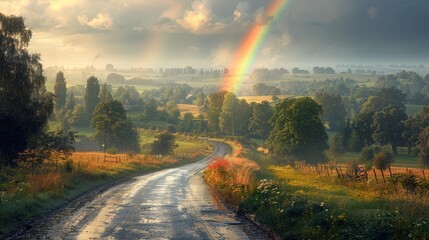 a rainbow arcs over a country road, trees and verdant grass lining each side