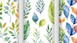 Colorful watercolor leaf patterns collection on white background. Decorative foliage design set for wrapping and textile print