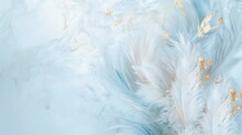 Elegant White Feathers With Gold Flecks On An Aqua Blue Marbled Background. Luxurious Texture For Sophisticated Design Elements. Perfect For Backgrounds, Banners Or Elegant Event Decorations