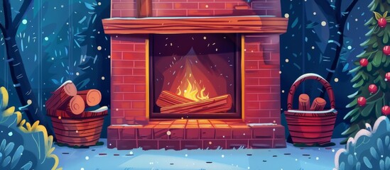 Poster - Fireplace depicted in a cartoon style, featuring logs and a basket of firewood