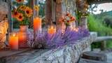 Fototapeta Tulipany -   A window sill adorned with numerous candles, a bouquet of flowers, and vases brimming with orange and purple blooms
