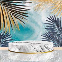 Wall Mural - Luxury minimal white marble stage with tropical palm leaves on background colorful background