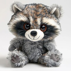 Wall Mural - A cute raccoon plush toy on a white background emanating an aura of sweetness and innocence. Soft plush raccoon with a friendly expression.
