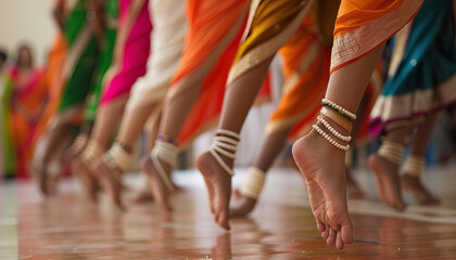 Indian Classical Dance Performance: A graceful performance of Indian classical dance forms such as Bharatanatyam, Kathak, or Odissi, showcasing intricate footwork and expressive gestures