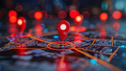 Wall Mural - A city map with red pins or markers representing different locations, including the focal point in the center of which is an online business office location Generative AI