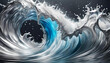 Hintergründe und Vorlage einer Welle in silber blau, wie flüssiges Metall oder Frische in grau Tönen mit Spritzern und Tropfen in dynamisch geschwungenen Linien und voller Lebendigkeit und Energie