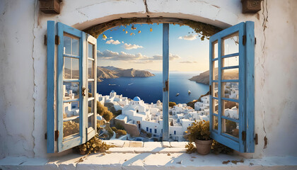 Wall Mural - Wallpaper background window with sunset view with warm sunrays on the Mediterranean Sea with coast, city and landscape, like in Italy, Greece, Spain or France