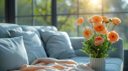 Wall Mural - A Living Room With a Couch and a Vase of Flowers