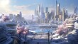 A group of AI-generated urban planners designing a winter-friendly city, incorporating heated sidewalks, energy-efficient public transportation, and green spaces that thrive in cold climates, creating