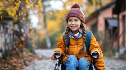 Poster - A young girl in a wheelchair smiling at the camera, AI