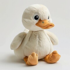 Wall Mural - A cute duck plush toy on a white background emanating an aura of sweetness and innocence. Soft plush duckling with a friendly expression.