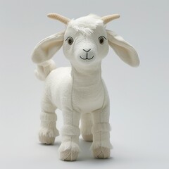 Wall Mural - A cute goat plush toy on a white background emanating an aura of sweetness and innocence. Soft stuffed white goat with a friendly expression.
