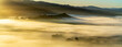 Panorama view of clouds, fog in valley at sunrise, sunset, sunshine