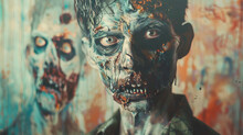 Zombie Art Class: Zombies Exploring Their Creative Side In An Art Class, Painting Portraits Of Each Other In Various Stages Of Decay.