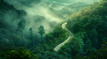 Wall Mural - A serpentine road winds gracefully through a dense, green forest. The road appears smooth and well-maintained, reflecting light on its surface.
