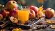 Apple cider glass among autumn fruits on a rustic table, soft tones, fine details, high resolution, high detail, 32K Ultra HD, copyspace