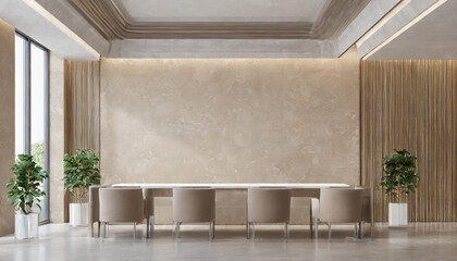 Poster - Meeting room or reception living hall. Large beige taupe lounge home, office. Empty wall in the texture of plaster wallpaper or ivory microcement or silk stucco background. Mockup interior. 3d render