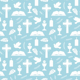 Fototapeta Mapy - seamless pattern with christian religion icons, holy communion: bible, dove, chalice, candle, wheat ear; great for wrapping, greeting cards, invitations- vector illustration