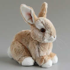 A cute rabbit plush toy on a white background emanating an aura of sweetness and innocence. Soft plush big-eared bunny with a friendly expression.