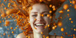 Attractive young woman with vibrant orange hair and an abundance of popcorn on her head, looking quirky and playful
