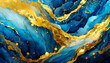 Beautiful abstract watercolor background. Beautiful fluid blue texture with gold glitter accents. Marble gradient with empty space for text. Generative AI.